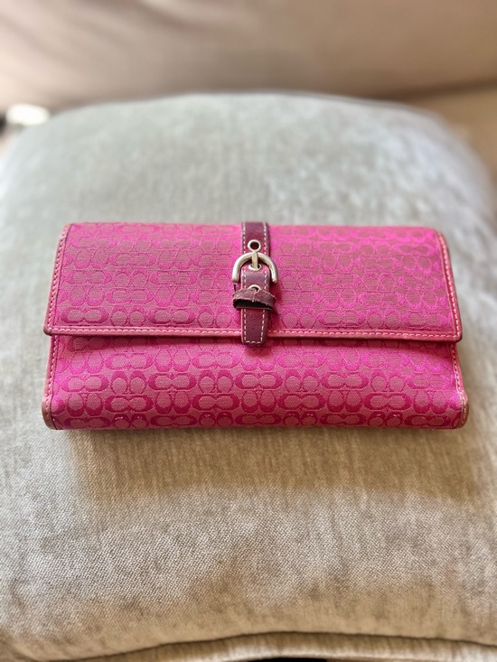Coach Handbags - Coach Magenta Signature Monogram Wallet with Buckle Accent